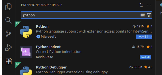 Pestaña de Extensiones en Visual Studio Code.