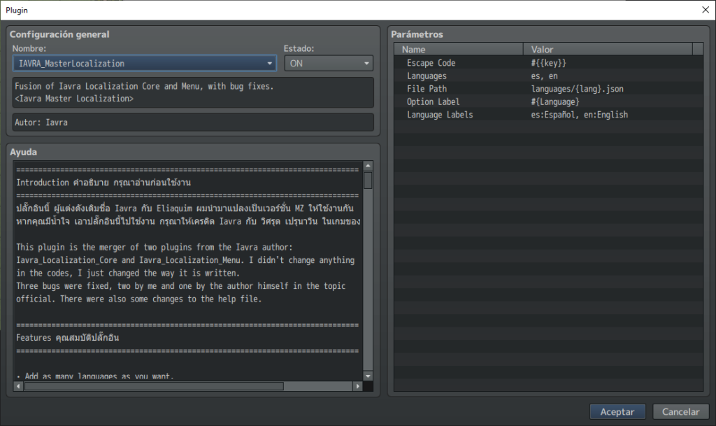 Ventana del Editor de Plugins